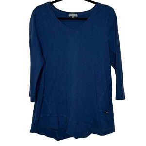 Habitat Blue V-Neck Asymmetric Hemline Slouchy Button Pocket Lagenlook Top Sz M